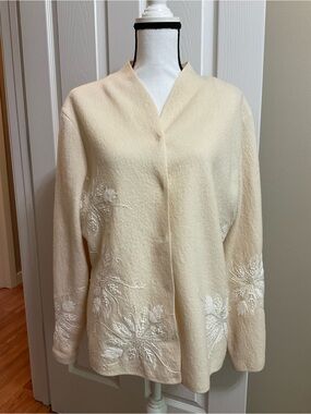 Talbots Cream Embroidered Open-Front Jacket, Size XL